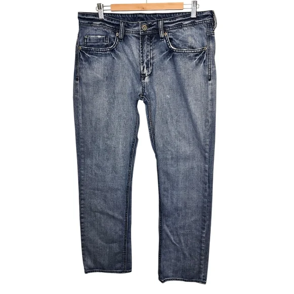 Buffalo Men's 34 Relaxed Fit Distressed Blue Denim Jeans Flap Pockets